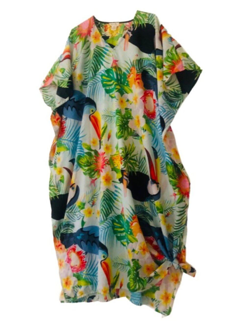GYPSIE BLU Tropical Toucan Birds Vibrant Lush Foliage Kaftan Loungewear Robe